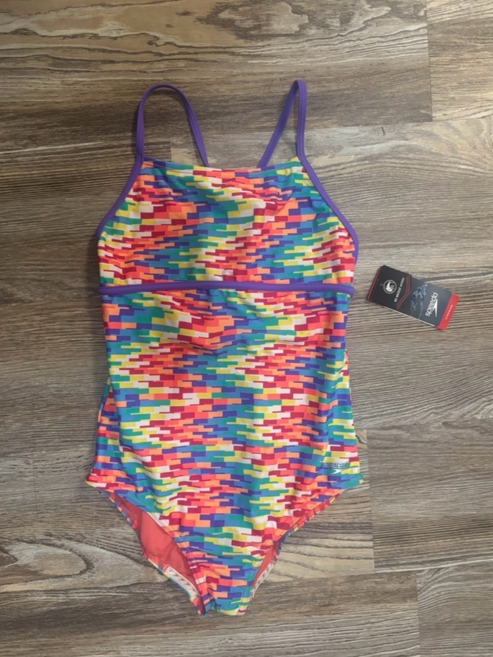 Speedo Girls' Bright Multi-Color Pixel Print One-Piece with Purple Trim